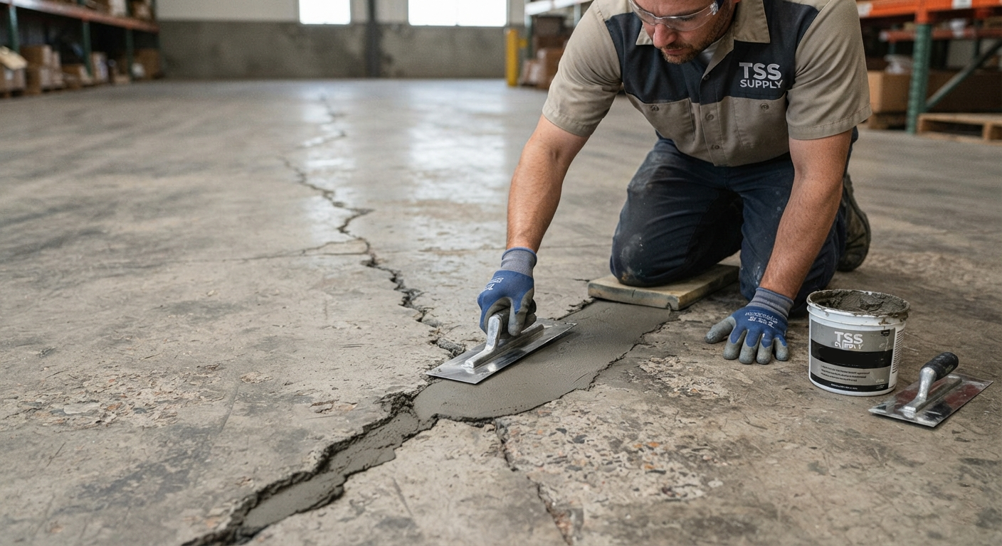 A worker at TSS Supply filling a crack in a concrete floor