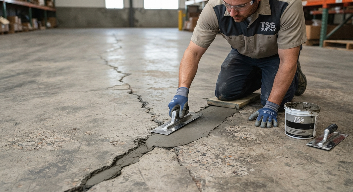 A worker at TSS Supply filling a crack in a concrete floor