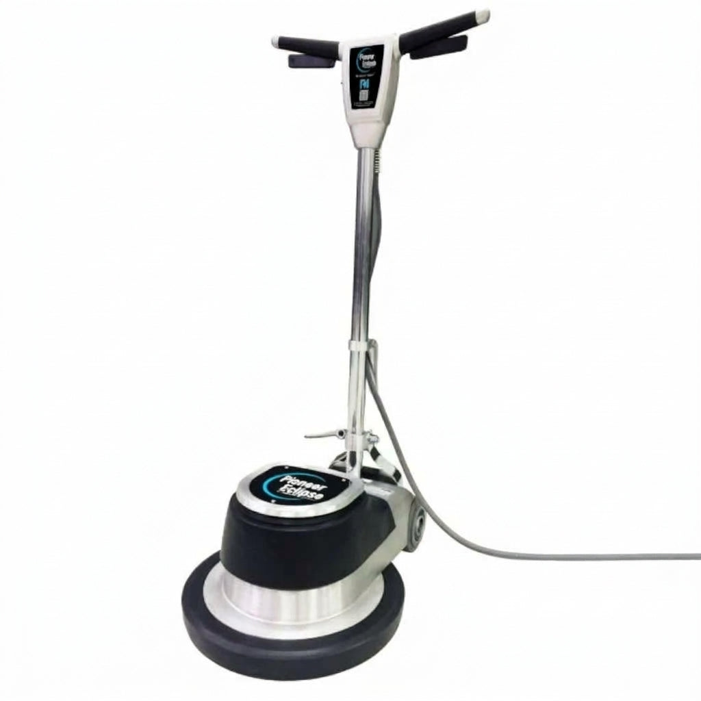 Professional studio shot of a 17-inch floor buffer and polisher with a silver and black body, dual-lever handle, and a grey power cord extending off the right edge of the frame.