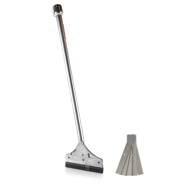 The Kraft Tool FC520 Heavy-Duty Scraper standing vertically on a white background, highlighting its long chrome-plated steel handle, weighted hammer-end cap, and wide 5-inch scraping head with three locking screws with 5 replacement blades