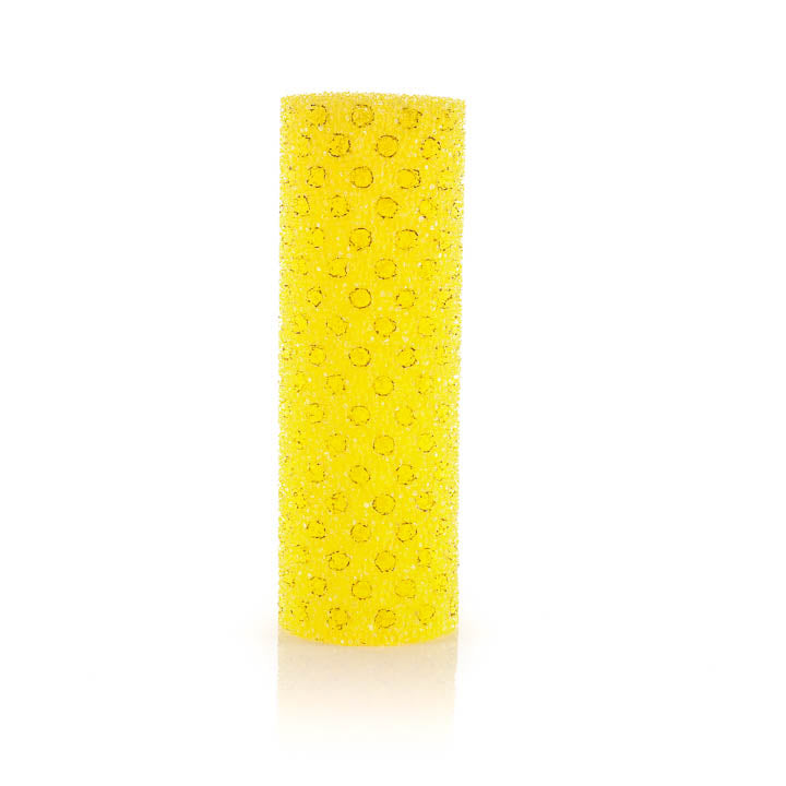 A bright yellow textured cylindrical epoxy or paint roller with a repeating honeycomb pattern, standing upright on a clean white background.