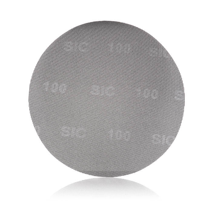 A circular gray textured sanding disc with a fine abrasive mesh pattern, shown on a clean white background with a soft reflection underneath.