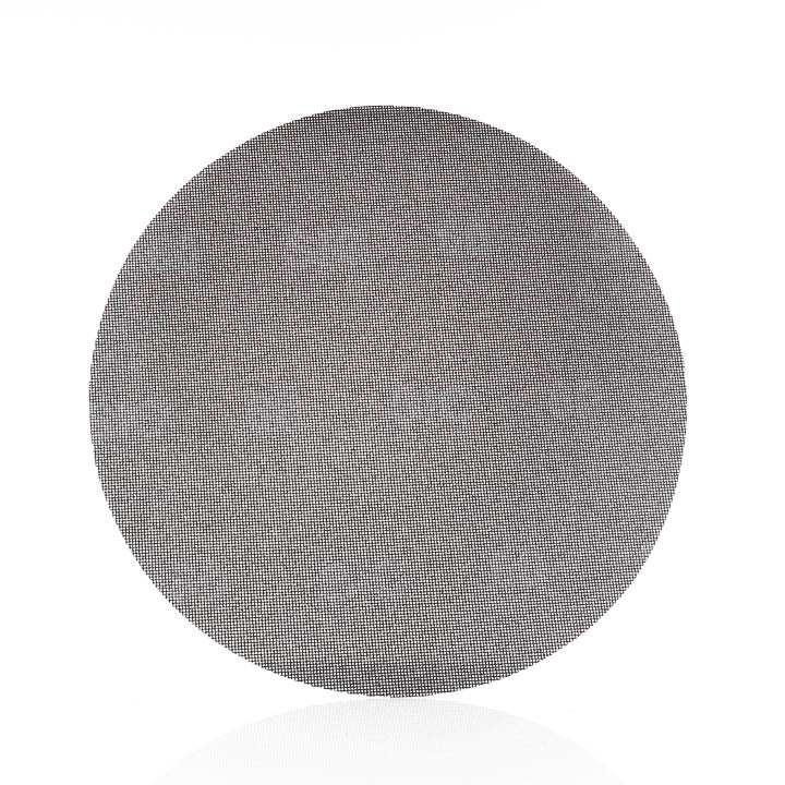 A round gray textured mat or pad shown from above on a white background with a faint reflection underneath.
