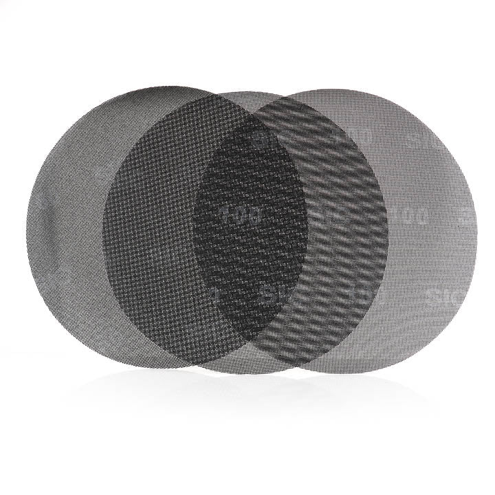 Three overlapping circular sanding discs with a gray mesh texture, showing different grit levels from 100 to 200, on a white background.