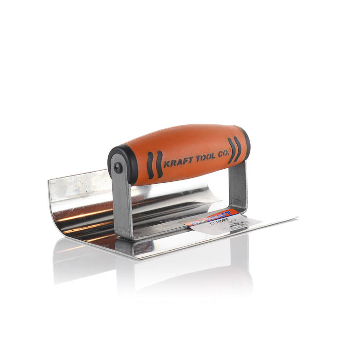 Kraft Tool Co. metal trowel with a bright orange handle and a stainless steel blade, shown on a white background with a soft reflection.