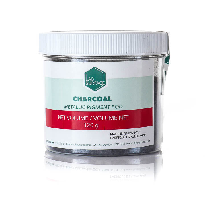 Photo of a jar of Labsurface Metallic Pigment on a reflective white background.