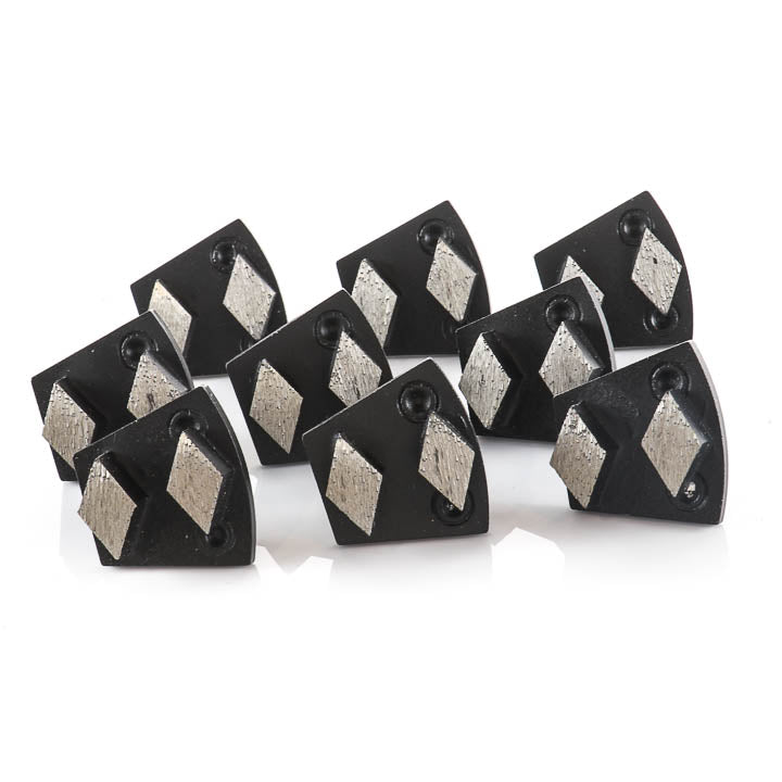 Set of 9 Black 2 Segment diamond Concrete Tooling with two textured silver diamond-shaped inserts, photographed on a clean white background.