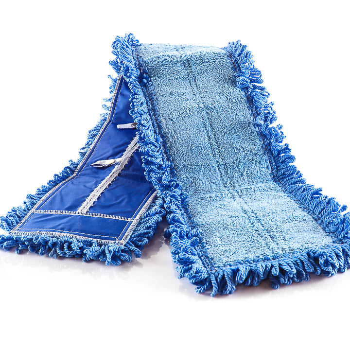 Blue microfiber dustmop on white reflective background