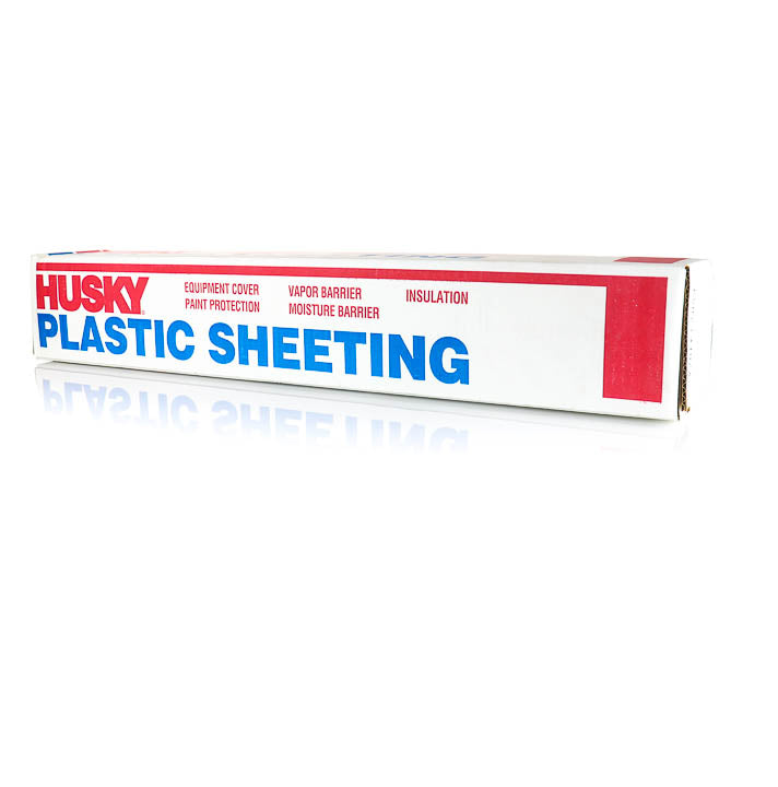 Box of Husky Plastic Sheeting on reflective white background