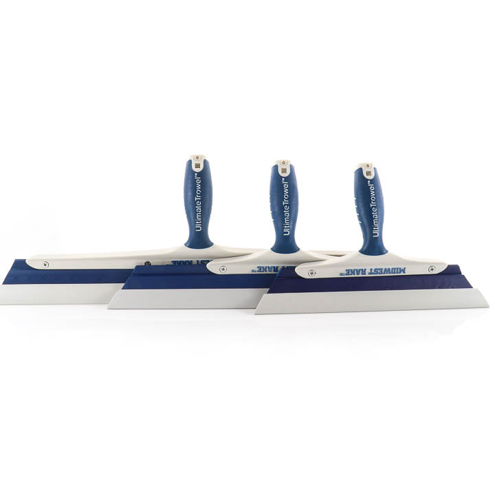 A row of Midwest Rake Ultimate Trowels in multiple sizes highlighting the blue non-slip handles and flexible rubber smoothing blades for resinous flooring supplies.