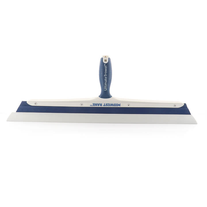 Midwest Rake Ultimate Trowel 22-inch wide blade concrete smoothing squeegee for applying large-surface commercial epoxy floor coatings and topcoats.