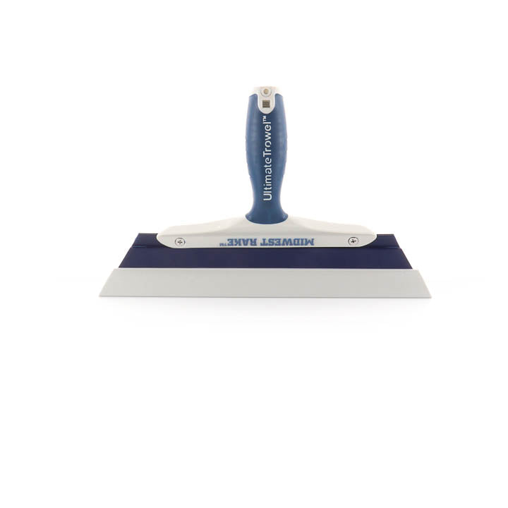 Midwest Rake Ultimate Trowel 12-inch handheld smoothing tool with blue ergonomic grip and flexible gray TPV blade for spreading epoxy floor coatings.