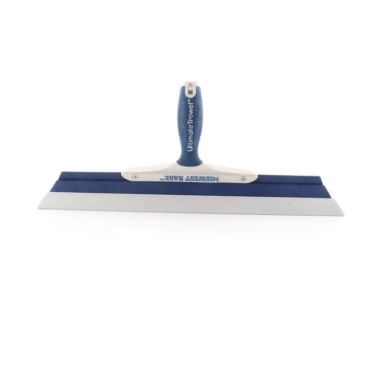Midwest Rake Ultimate Trowel 18-inch resin squeegee trowel featuring a threaded handle adapter for leveling industrial epoxy self-leveling underlayments.