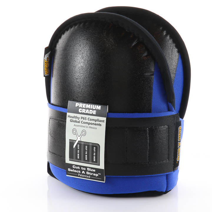 Kraft Tool Co. patented comfort technology knee pads with bright blue front closure straps displaying the white Kraft Tool brand logo.