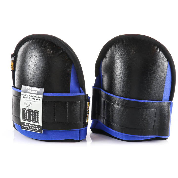 Close up of a single Kraft Tool premium grade super soft knee pad showing the black protective shell, blue trim, and patented cut to size strap.