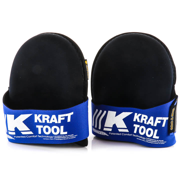 Pair of Kraft Tool professional knee pads in black and blue with Select-A-Strap customizable cut-to-size front closure tag for flooring and construction work.