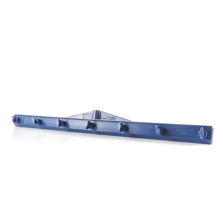 Industrial blue polymer squeegee frame with adjustable thumb screws for commercial epoxy floor coating installations.