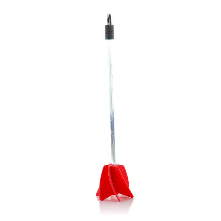 1 gallon liquid mixing tool with red turbine polymer blade and electric drill attachment rod for epoxy paint and resin.