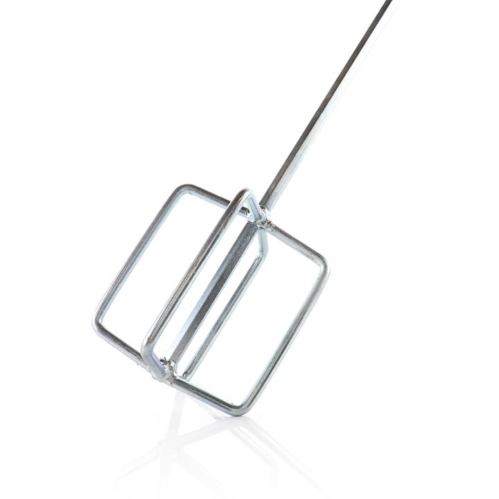 Close-up view of a heavy-duty steel egg beater mixing paddle cage with welded square loops designed for low-aeration epoxy and mortar blending.