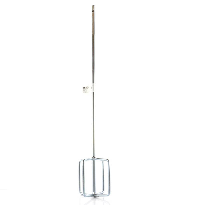 Full-length Kraft Tool DC716 egg beater mixing paddle with a 30-inch steel hex shaft and square loop mixing cage on a clean white background.