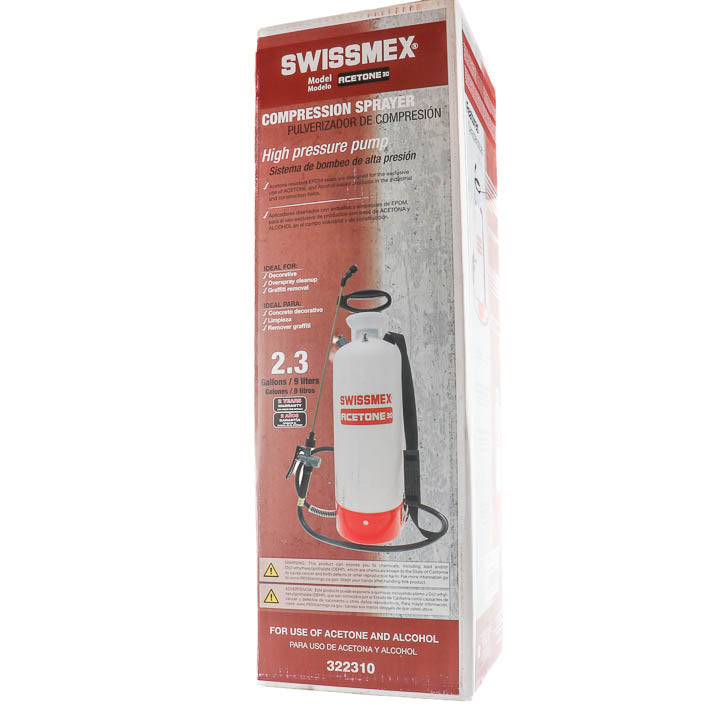 Retail box packaging for the Swissmex 322310 high pressure pump sprayer labeled for acetone and alcohol use in decorative concrete styling, overspray cleanup, and graffiti removal.