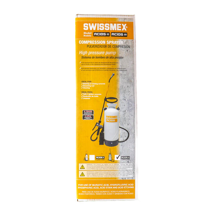Swissmex ACIDS 20 industrial compression sprayer with acid-resistant wand hose and shoulder strap for concrete etching and epoxy floor preparation.