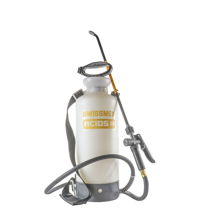 Swissmex ACIDS 20 industrial compression sprayer with acid resistant wand hose and shoulder strap for concrete etching and epoxy floor preparation.