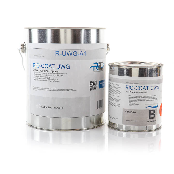 1-Gallon metal Can of Rio Coat UWG with Part B Satin Additive on a white reflective background. 