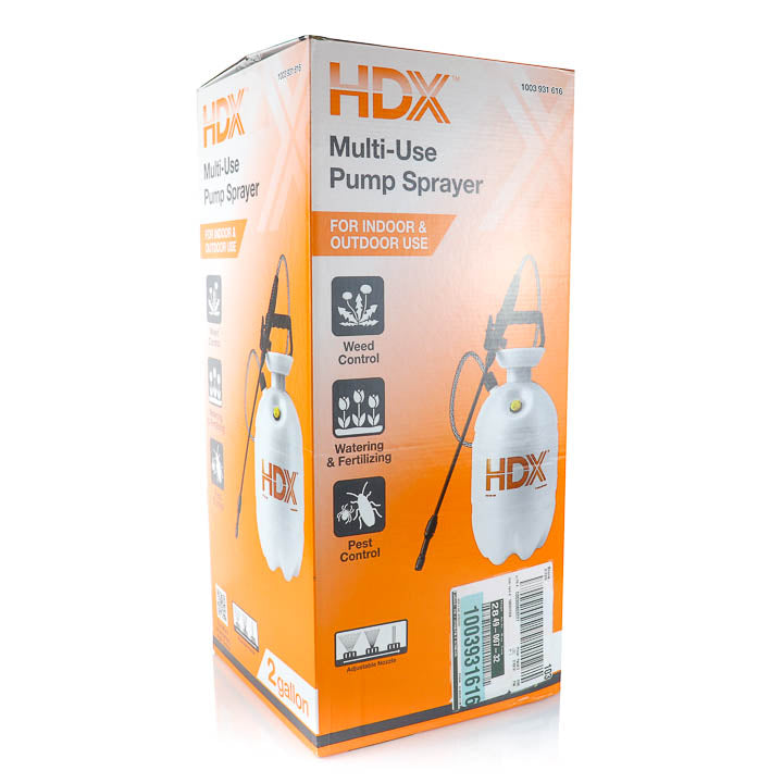 HDX 2-Gallon Multi-Use Pump Sprayer in its original orange retail packaging box, highlighting indoor and outdoor applications including weed control, watering, and pest control.