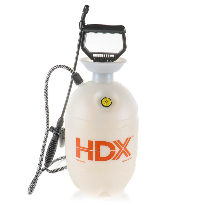 HDX 2-Gallon Multi-Use Pump Sprayer featuring a translucent chemical-resistant tank with the orange HDX logo, an integrated black pressure pump handle, a yellow relief valve, and a black poly spray wand with a braided hose.
