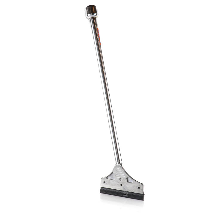 The Kraft Tool FC520 Heavy-Duty Scraper standing vertically on a white background, highlighting its long chrome-plated steel handle, weighted hammer-end cap, and wide 5-inch scraping head with three locking screws.