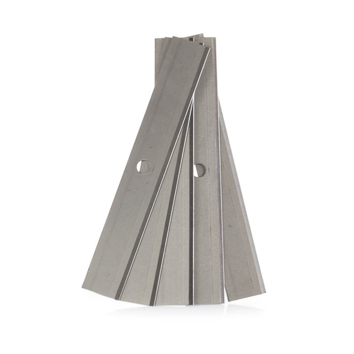 Five stiff carbon steel replacement blades for the Kraft Tool FC520 scraper, fanned out against a clean white background, showcasing their rigid edges and mounting holes.