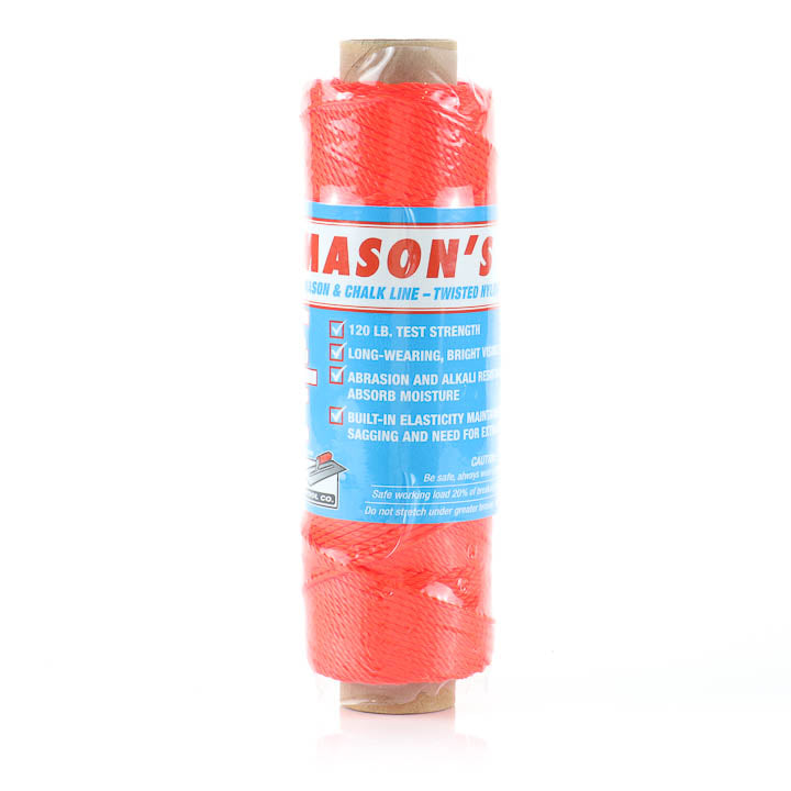 A spool of bright fluorescent orange twisted nylon mason line wrapped in clear plastic packaging. The blue and white label reads "MASON'S MASON & CHALK LINE - TWISTED NYLON" and lists product features, including a 120 lb. test strength, abrasion and alkali resistance, and built-in elasticity.