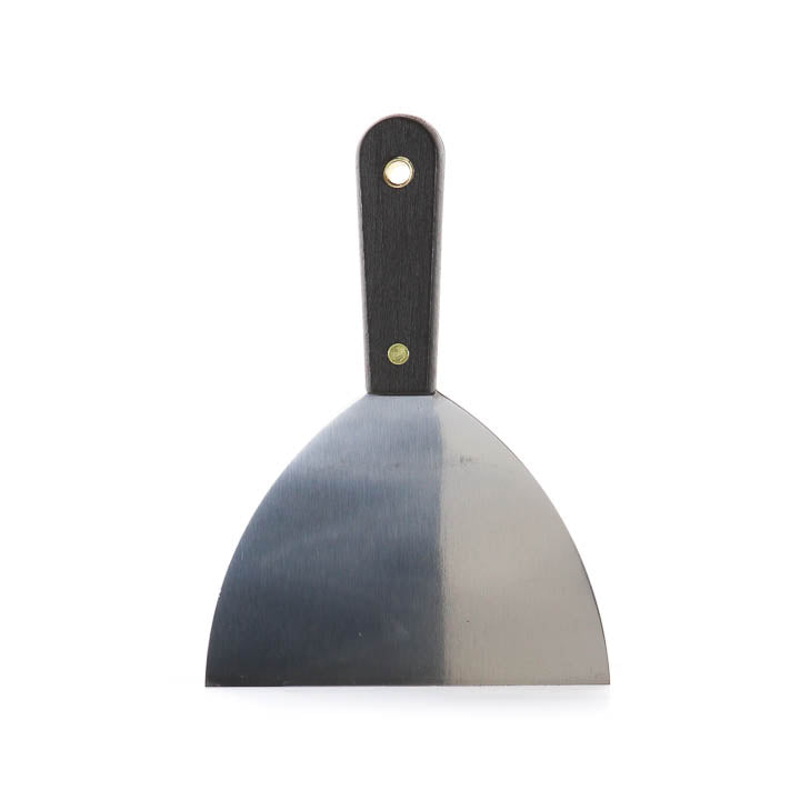 A 6-inch flexible putty knife with a wide, flared metal blade, displayed vertically from a straight-on front angle against a plain white background. The clean, straight bottom edge of the blade is positioned at the base, leading up to a dark, contoured handle with a visible central rivet and an integrated hanging hole.