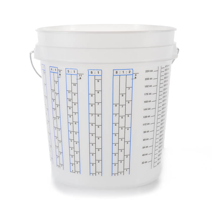 Clear 10 quart graduated plastic mixing pail showing precise fluid dram, ounce, quart, and mixing ratio measurements