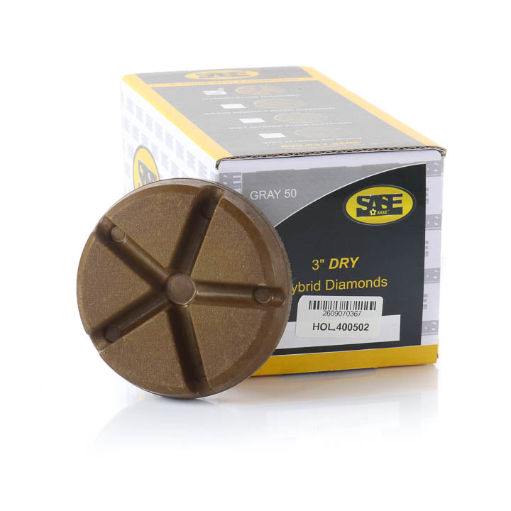 SASE 3-inch 50-grit gray hybrid diamond tooling pucks displayed with product packaging box.