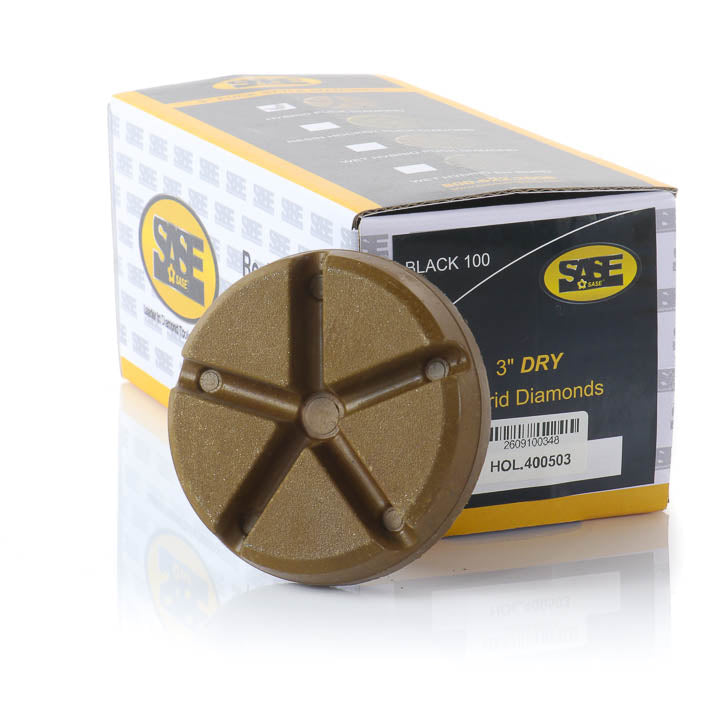 SASE 3-inch 100-grit black hybrid diamond tooling pucks alongside product packaging box.