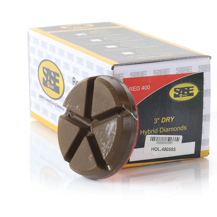 SASE 3-inch 400-grit red hybrid diamond tooling pucks shown with product packaging box.