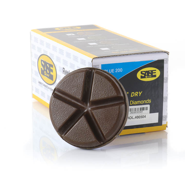 SASE 3-inch 200-grit blue hybrid diamond tooling pucks presented next to product packaging box.
