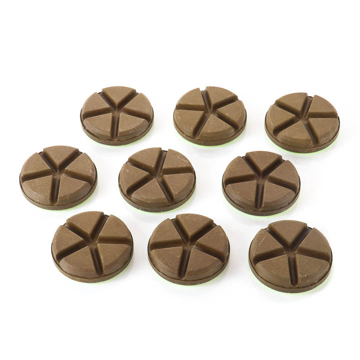Nine-pack collection of SASE 3-inch hybrid diamond tooling pucks showing various grit levels and color-coded bonds.