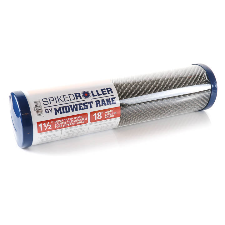 Product packaging label for the Midwest Rake 18-inch radial spiked roller with 1.5-inch tine length.