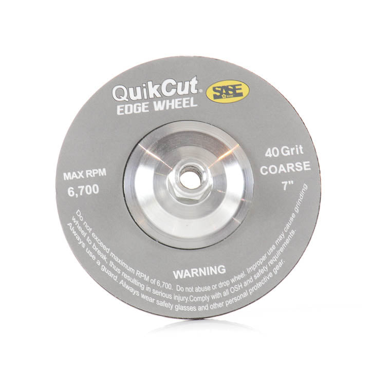 7-inch SASE QuikCut 40-grit coarse concrete grinding edge wheel in gray with MAX 6,700 RPM label and metal arbor.