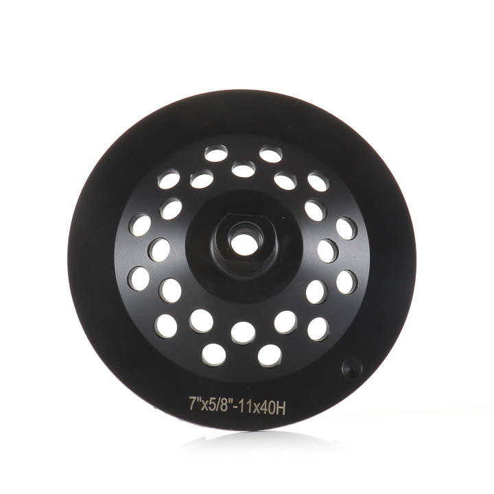 7-inch 6-large-arrow-segment medium bond diamond grinding cup wheel showing the back and arbor details