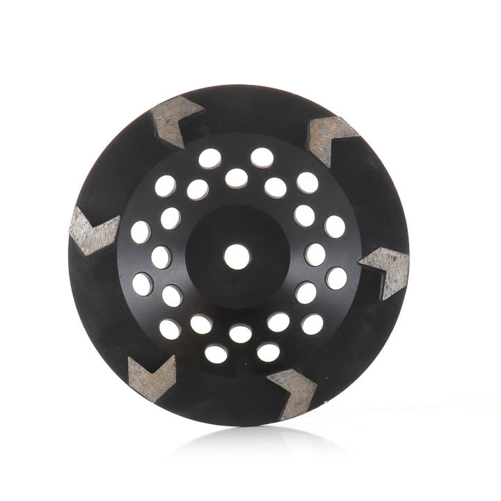 7-inch black diamond cup grinding wheel with 6 arrow segments and ventilation holes for concrete and masonry.