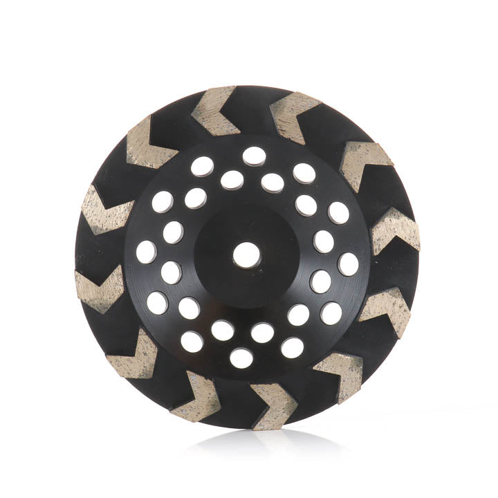 7-inch 12-large-arrow-segment soft bond diamond grinding cup wheel showing the front face and large arrow segments