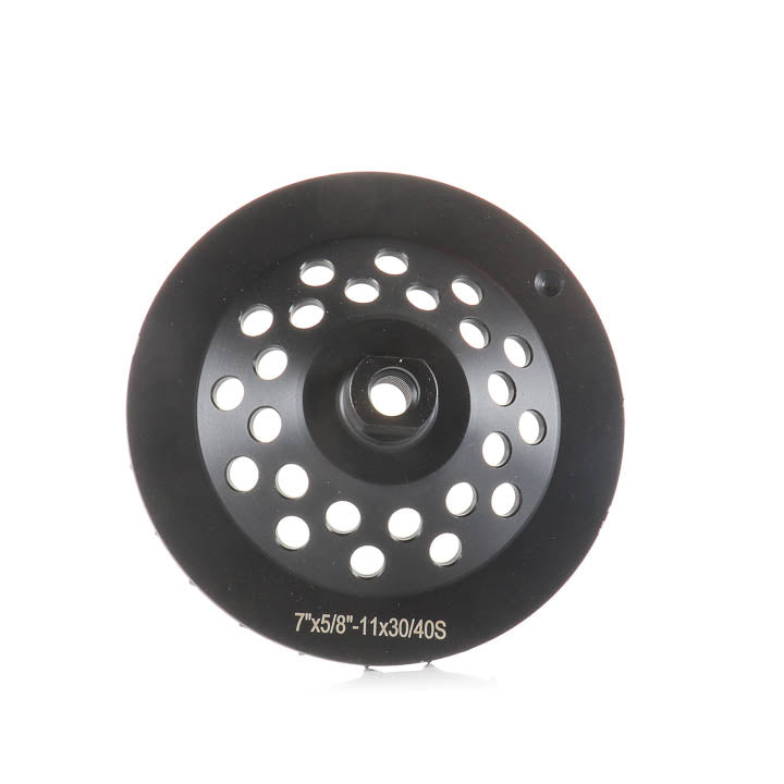 7-inch 24-segment soft bond diamond grinding cup wheel showing the back and arbor details