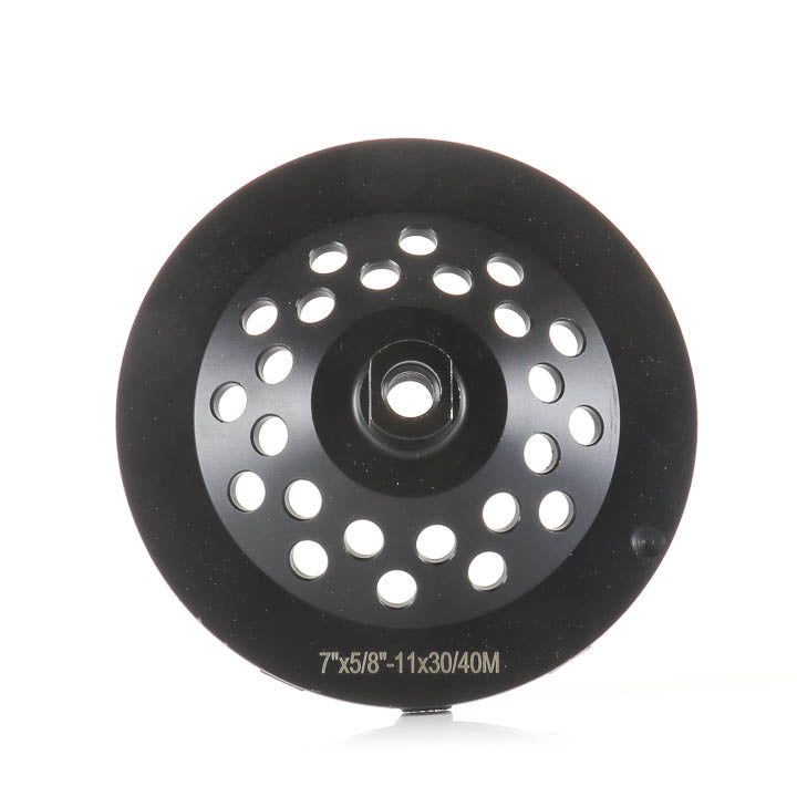 7-inch 12-large-arrow-segment medium bond diamond grinding cup wheel showing the back and arbor details