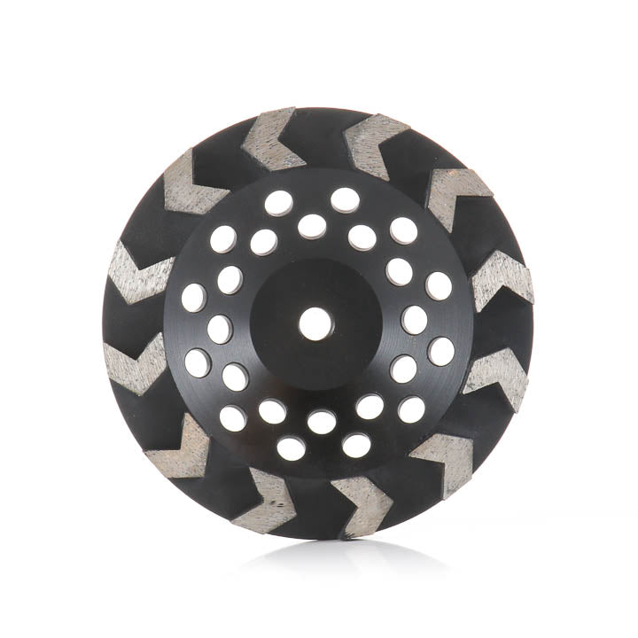 7-inch 12-large-arrow-segment medium bond diamond grinding cup wheel showing the front face and large arrow segments