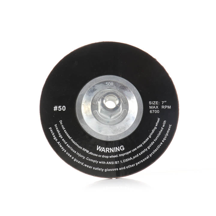 7-inch ceramic 50-grit grinding cup wheel showing the back, arbor, and angled ceramic segments