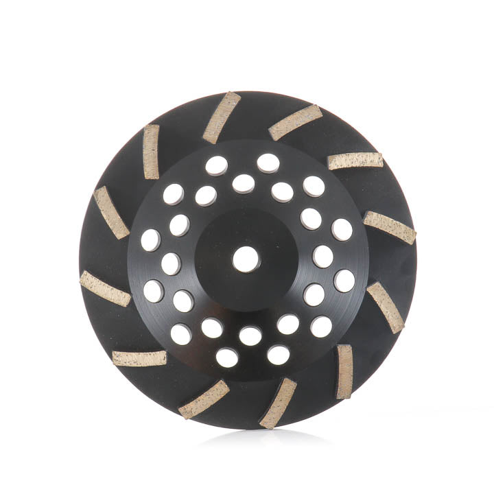 7-inch 12-segment soft bond concrete grinding cup wheel in black with curved abrasive segments